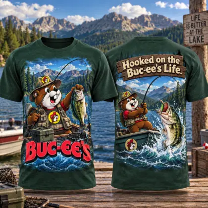 Buc-ee's Mountain Lake Fishing 3D Shirt for Anglers Hooked on Their Next Adventure NDN flat front and back