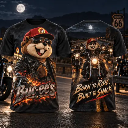 Buc-ee's Moonlit Motorcycle Route 66 3D Shirt for Riders Born to Ride and Snack NDN flat front and back