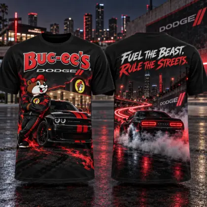 Buc-ee's Dodge Red Muscle Car T-Shirt For Drivers Who Love Wide Open Roads NDN flat front and back