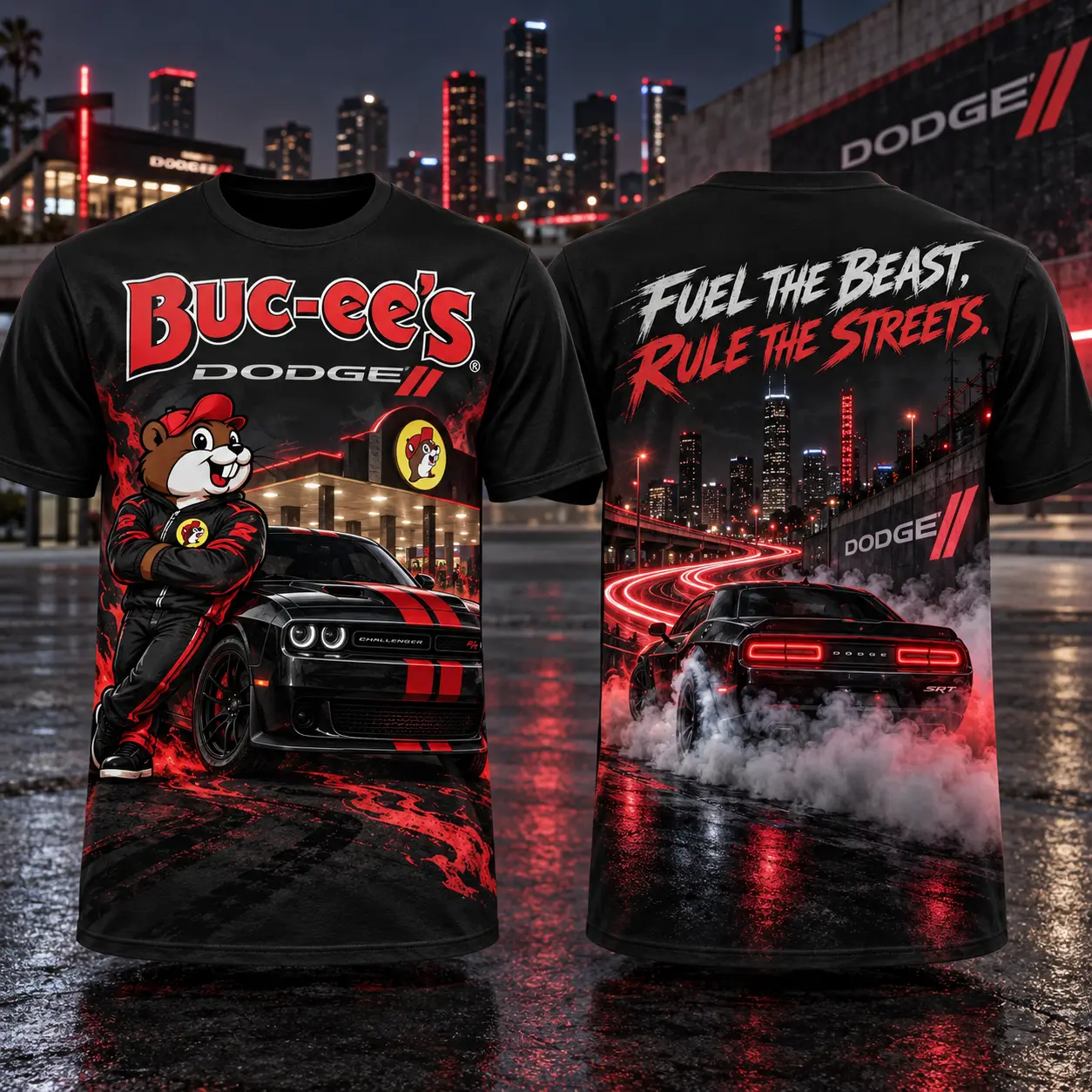 Buc-ee's Dodge Red Muscle Car T-Shirt For Drivers Who Love Wide Open Roads NDN flat front and back