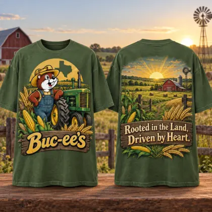 Buc-ee's Farmer Green Tractor T-Shirt For Country Souls With Deep Roots In The Land NDN flat front and back