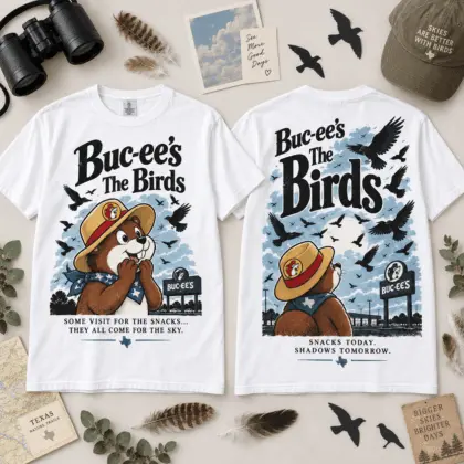 Buc-ee’s The Birds Sky Scene 3D Shirt for Hitchcock Fans and Nature Lovers NTH1