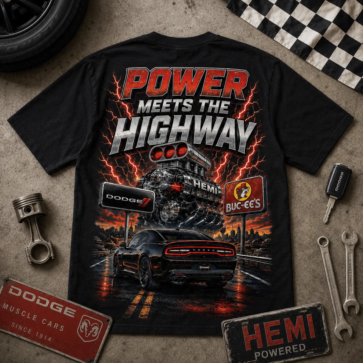 Buc-ee's Dodge Power Meets Highway T-Shirt NY - Image 4