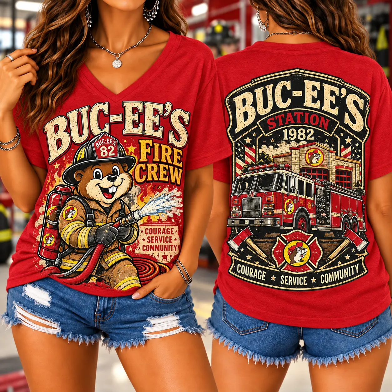 Buc-ee's Fire Crew Graphic V-Neck T-Shirt NY