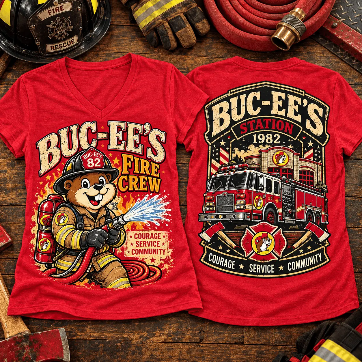 Buc-ee's Fire Crew Graphic V-Neck T-Shirt NY - Image 2