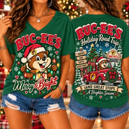 Buc-ee's Christmas Road Trip Graphic V-Neck T-Shirt NY