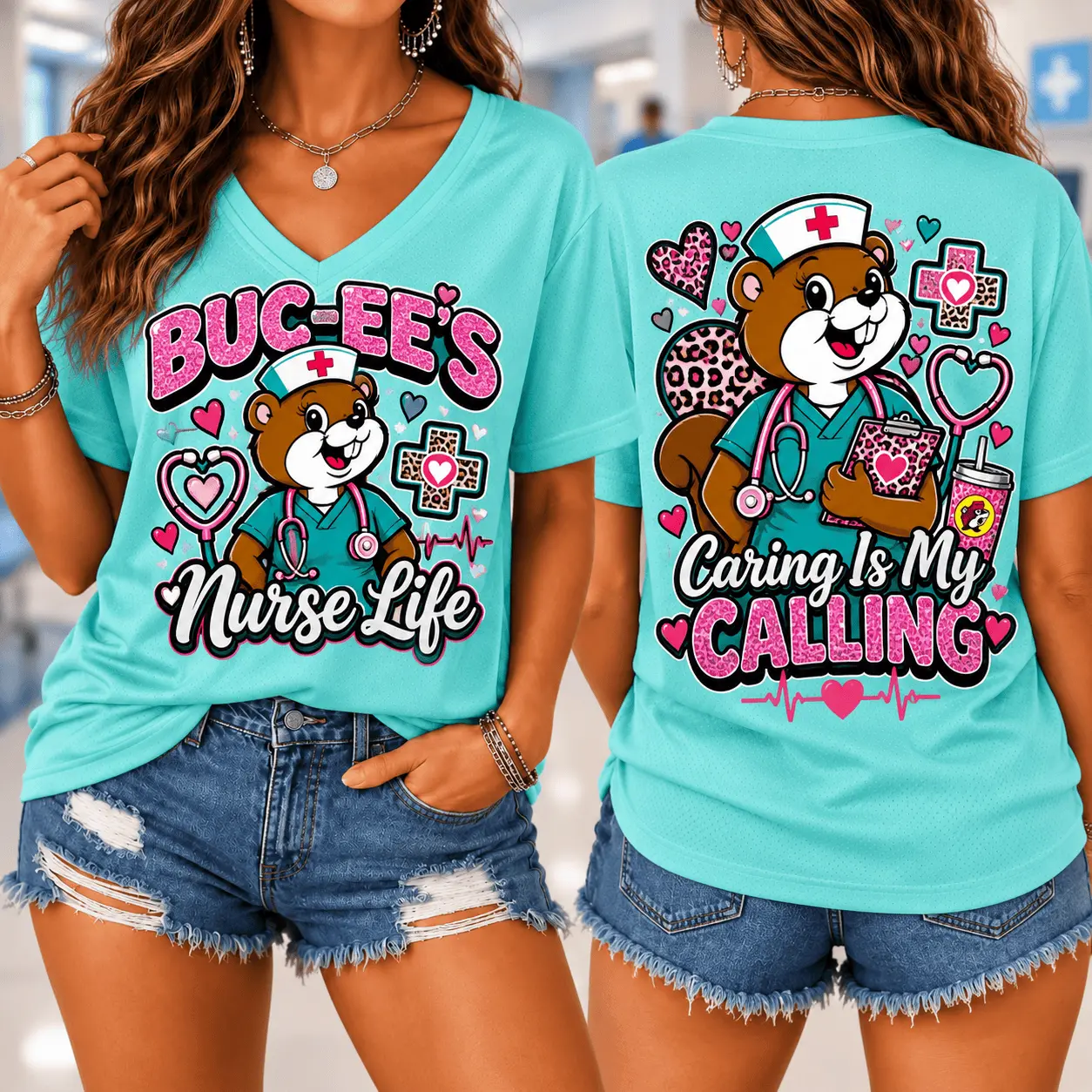 Buc-ee's Nurse Calling Graphic V-Neck T-Shirt NY