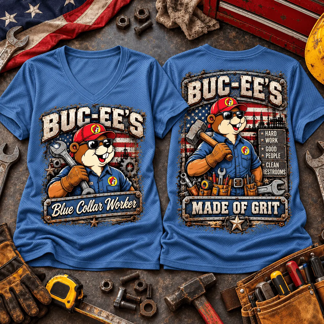 Buc-ee's Blue Collar Graphic V-Neck T-Shirt NY - Image 2