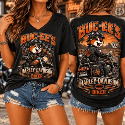 Buc-ee's Harley-Davidson Biker Graphic V-Neck T-Shirt NY