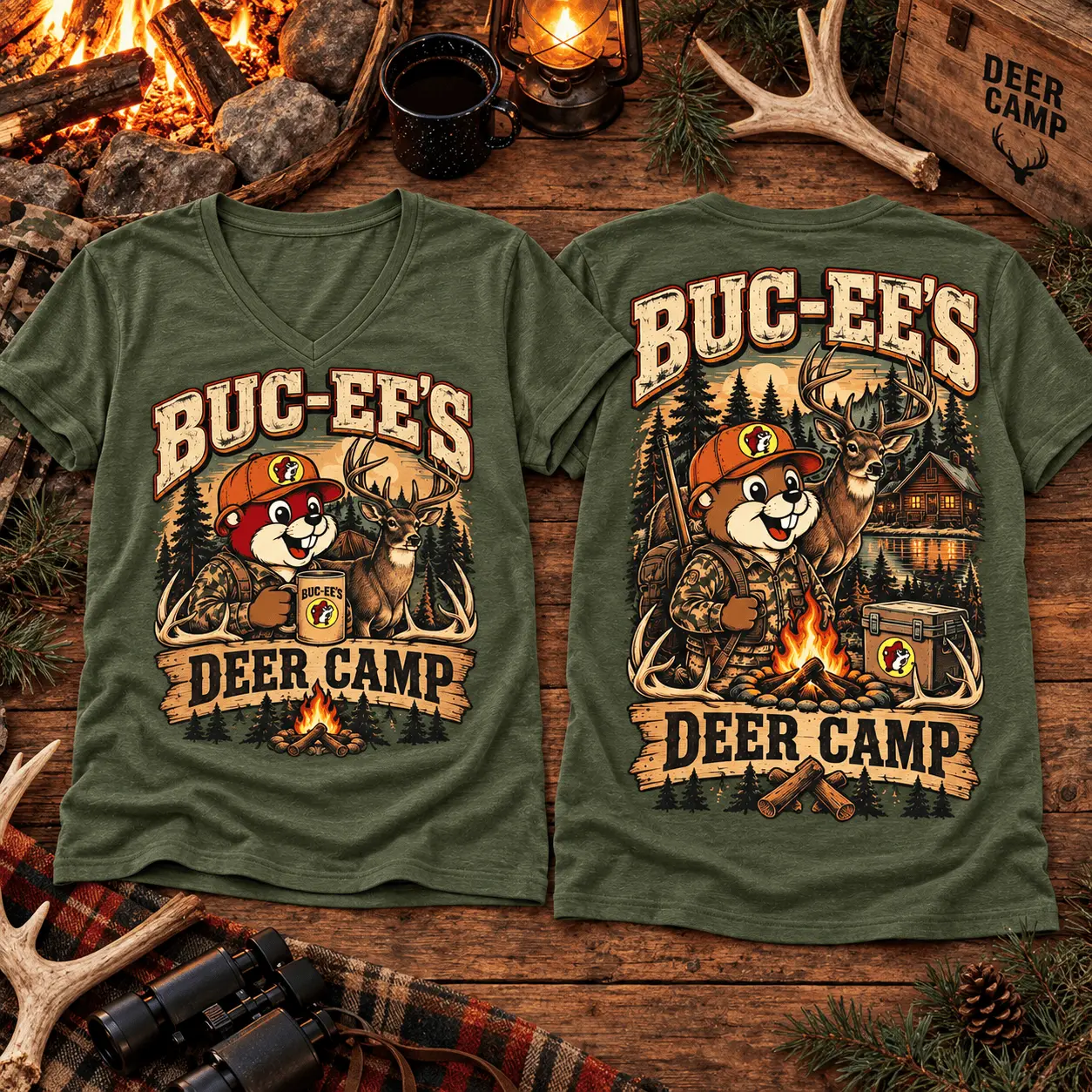 Buc-ee's Deer Camp Graphic V-Neck T-Shirt NY - Image 2