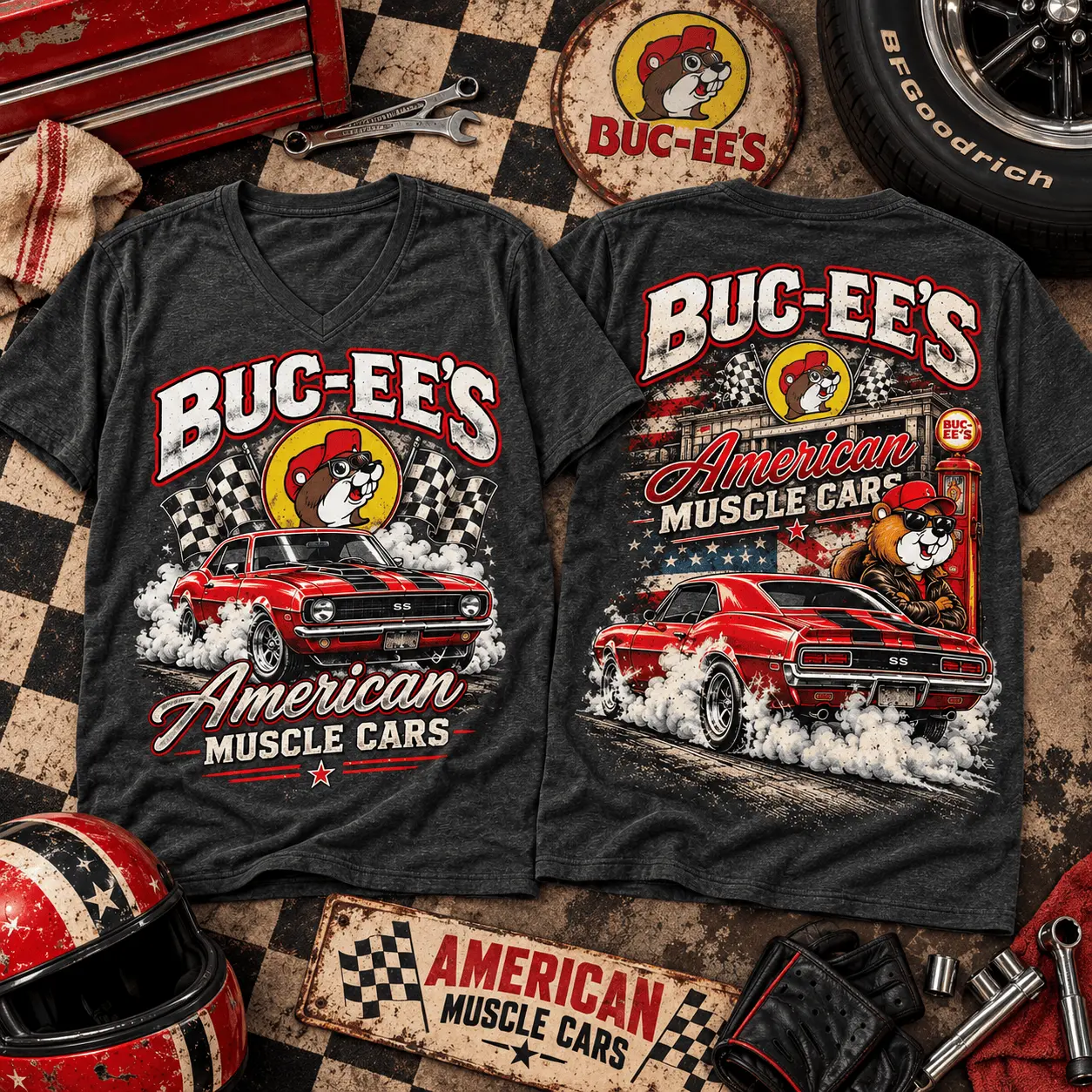 Buc-ee's American Muscle Cars Graphic V-Neck T-Shirt NY - Image 2