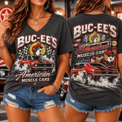 Buc-ee's American Muscle Cars Graphic V-Neck T-Shirt NY