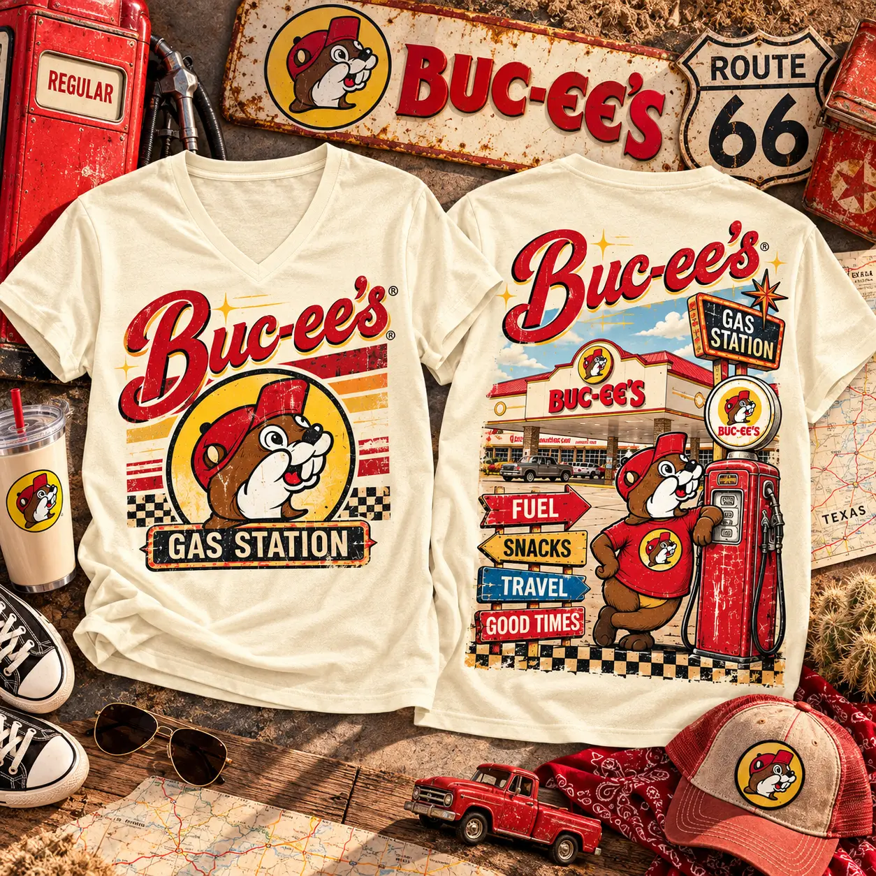 Buc-ee's Gas Station Road Trip Graphic V-Neck T-Shirt NY - Image 2