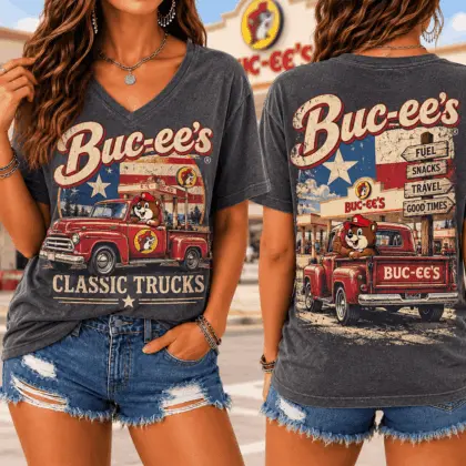 Buc-ee's Classic Trucks Graphic V-Neck T-Shirt NY