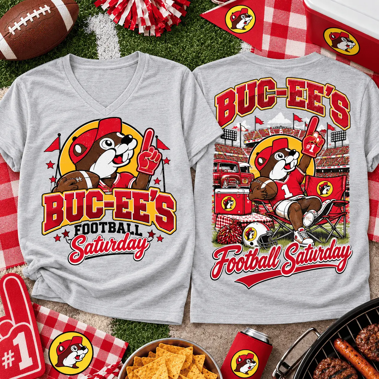 Buc-ee's Football Saturday Graphic V-Neck T-Shirt NY - Image 2