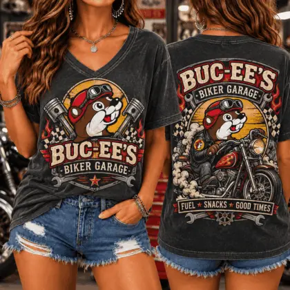 Buc-ee's Biker Garage Graphic V-Neck T-Shirt NY