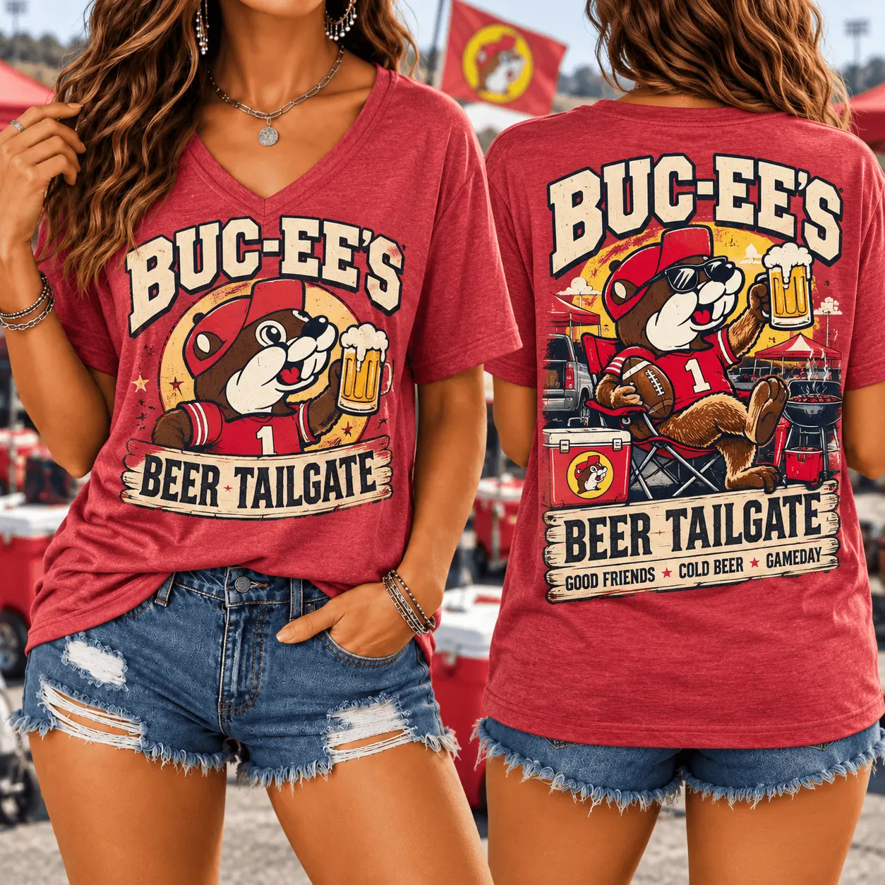 Buc-ee's Beer Tailgate Graphic V-Neck T-Shirt NY