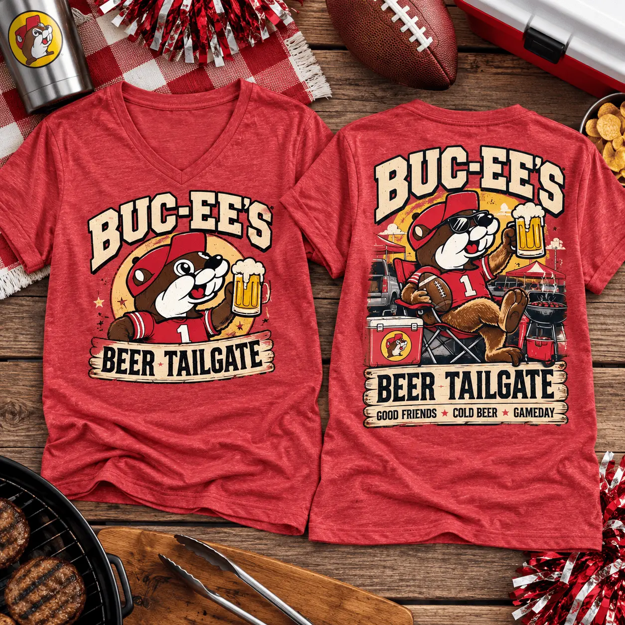 Buc-ee's Beer Tailgate Graphic V-Neck T-Shirt NY - Image 2