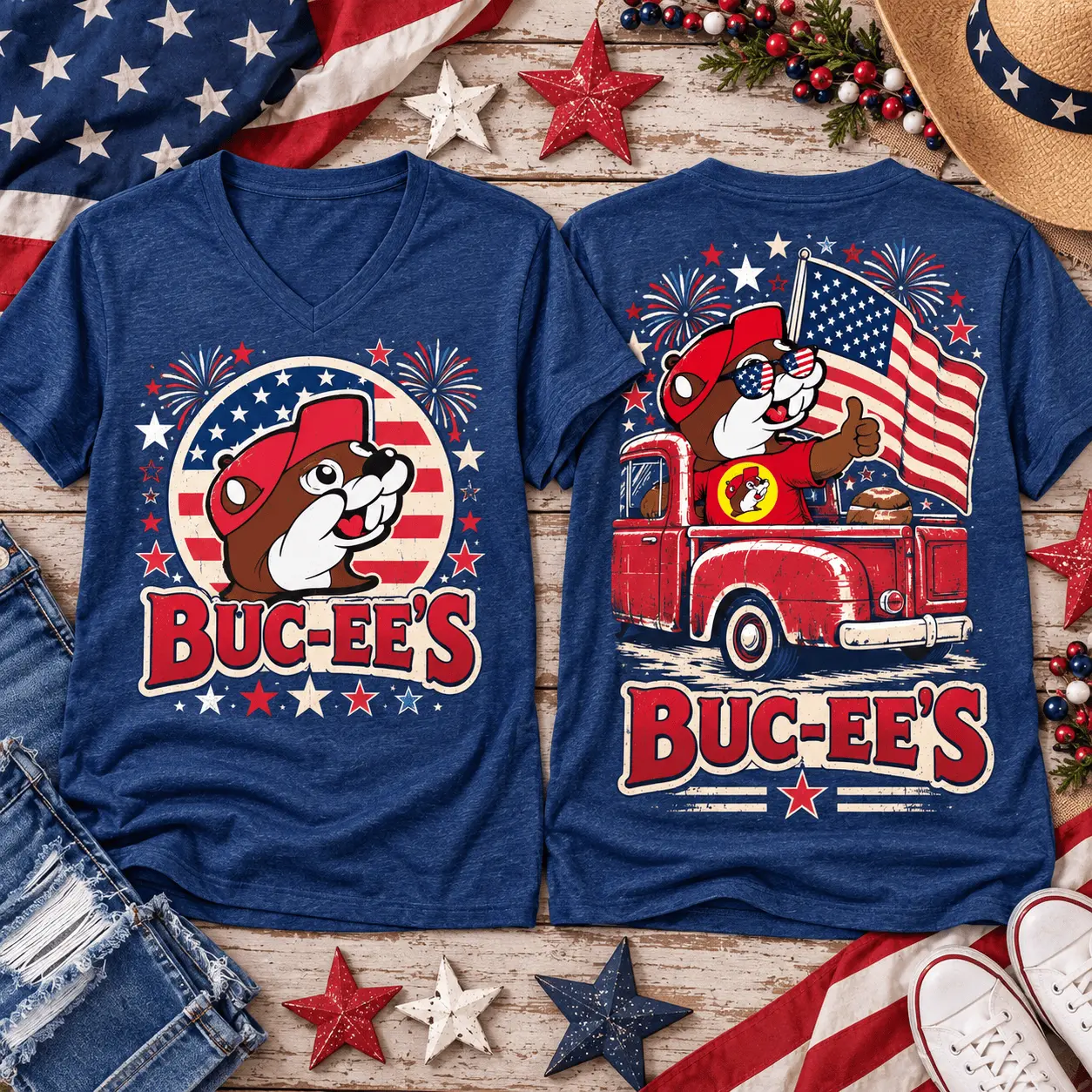 Buc-ee's Patriotic Fire Truck Graphic V-Neck T-Shirt NY - Image 2