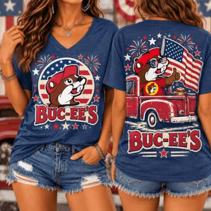 Buc-ee's Patriotic Fire Truck Graphic V-Neck T-Shirt NY