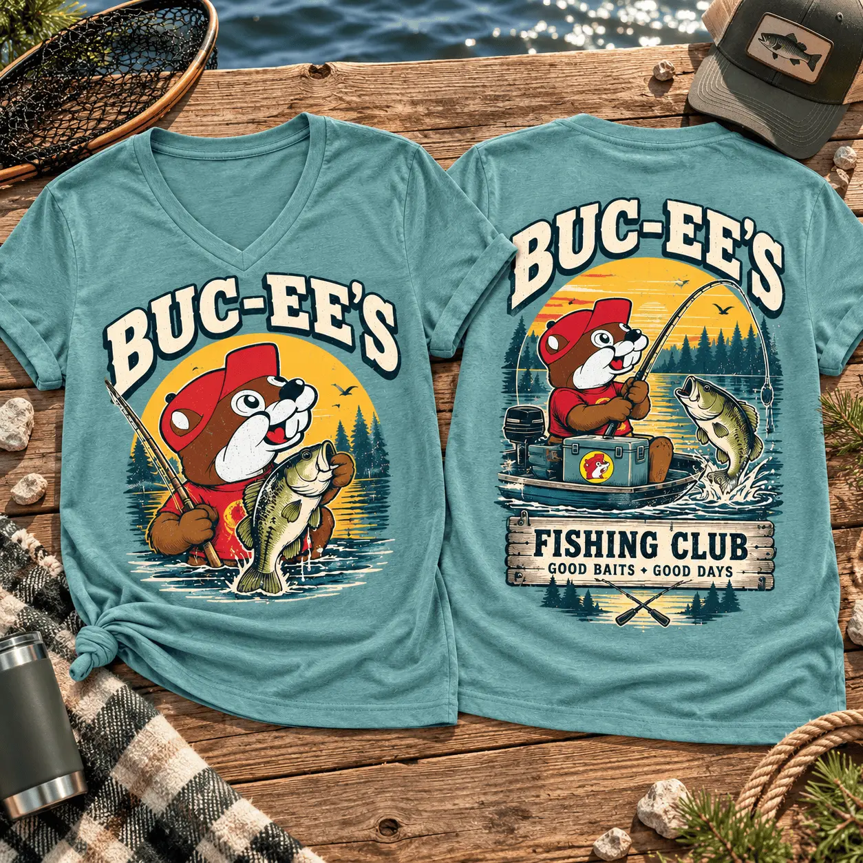 Buc-ee's Fishing Club Graphic V-Neck T-Shirt NY - Image 2