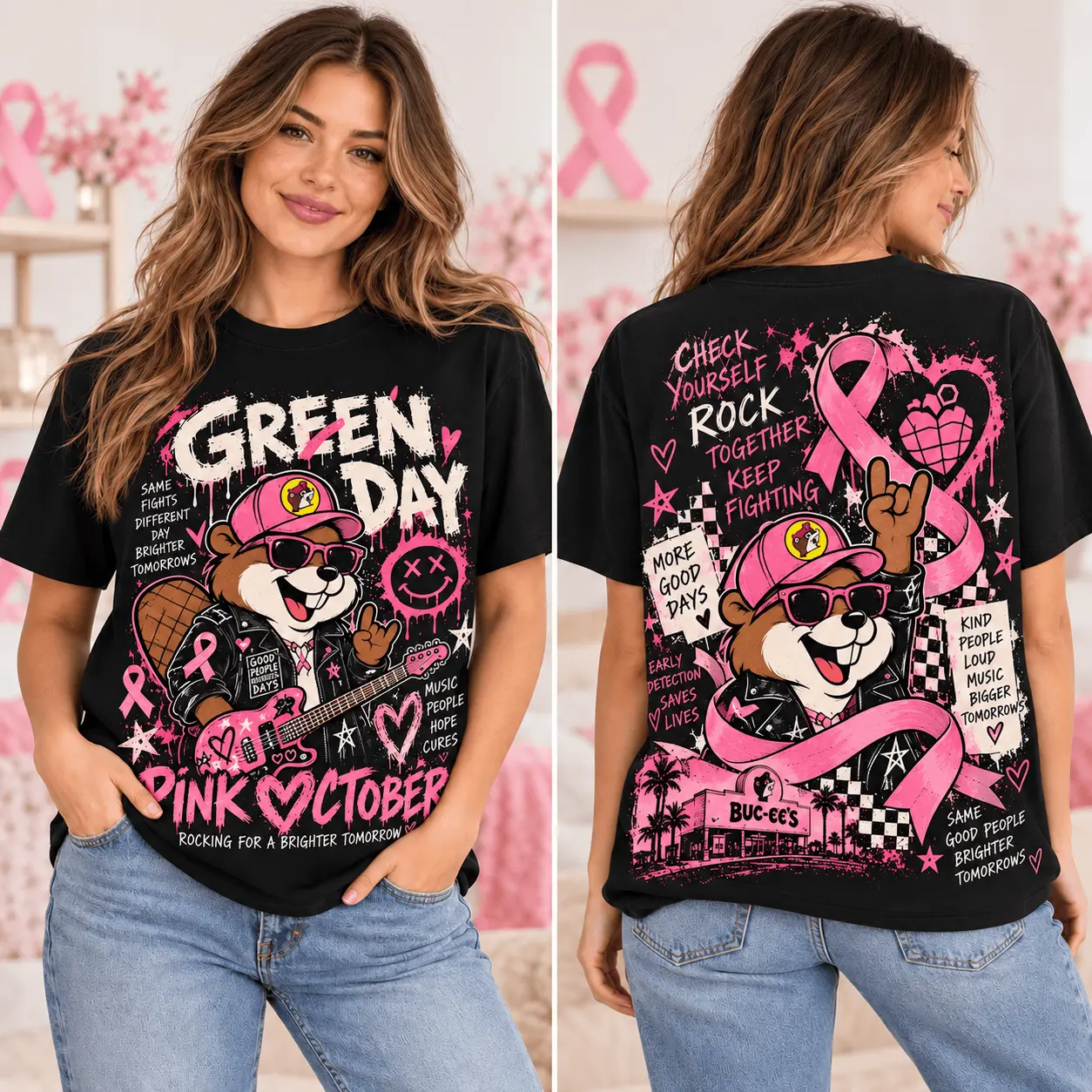 Buc-ee's Green Day Pink October Breast Cancer Awareness 3D Shirt NTH1 - Image 2