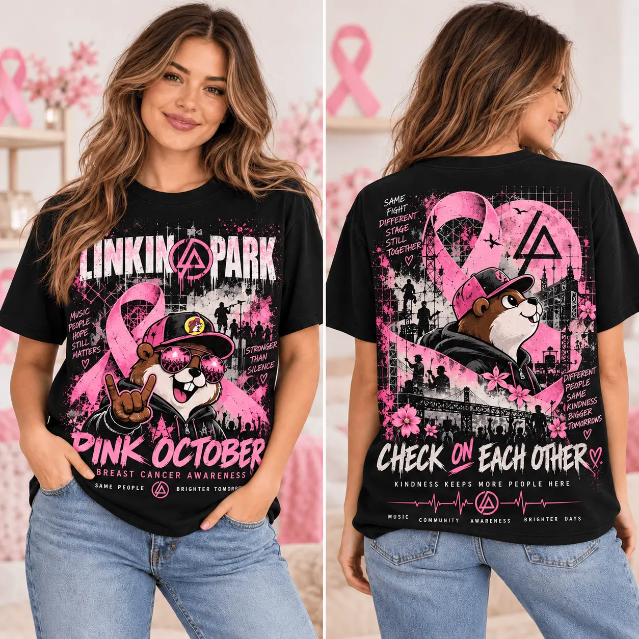 Buc-ee's Linkin Park Pink October Breast Cancer Awareness 3D Shirt NTH1