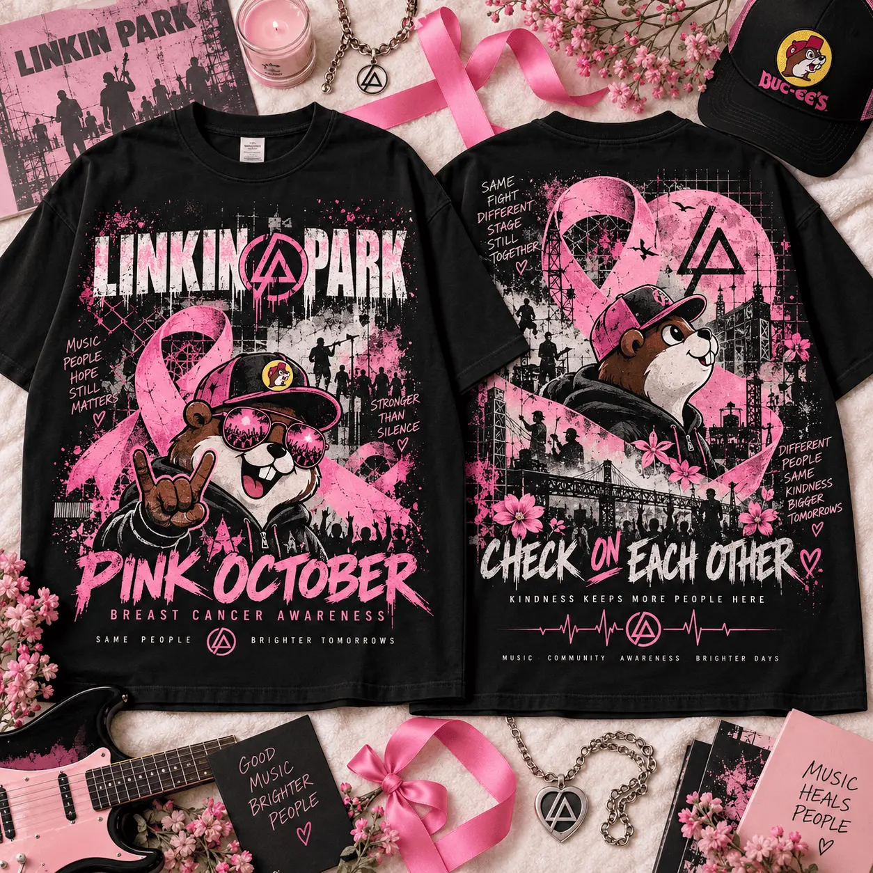Buc-ee's Linkin Park Pink October Breast Cancer Awareness 3D Shirt NTH1 - Image 2