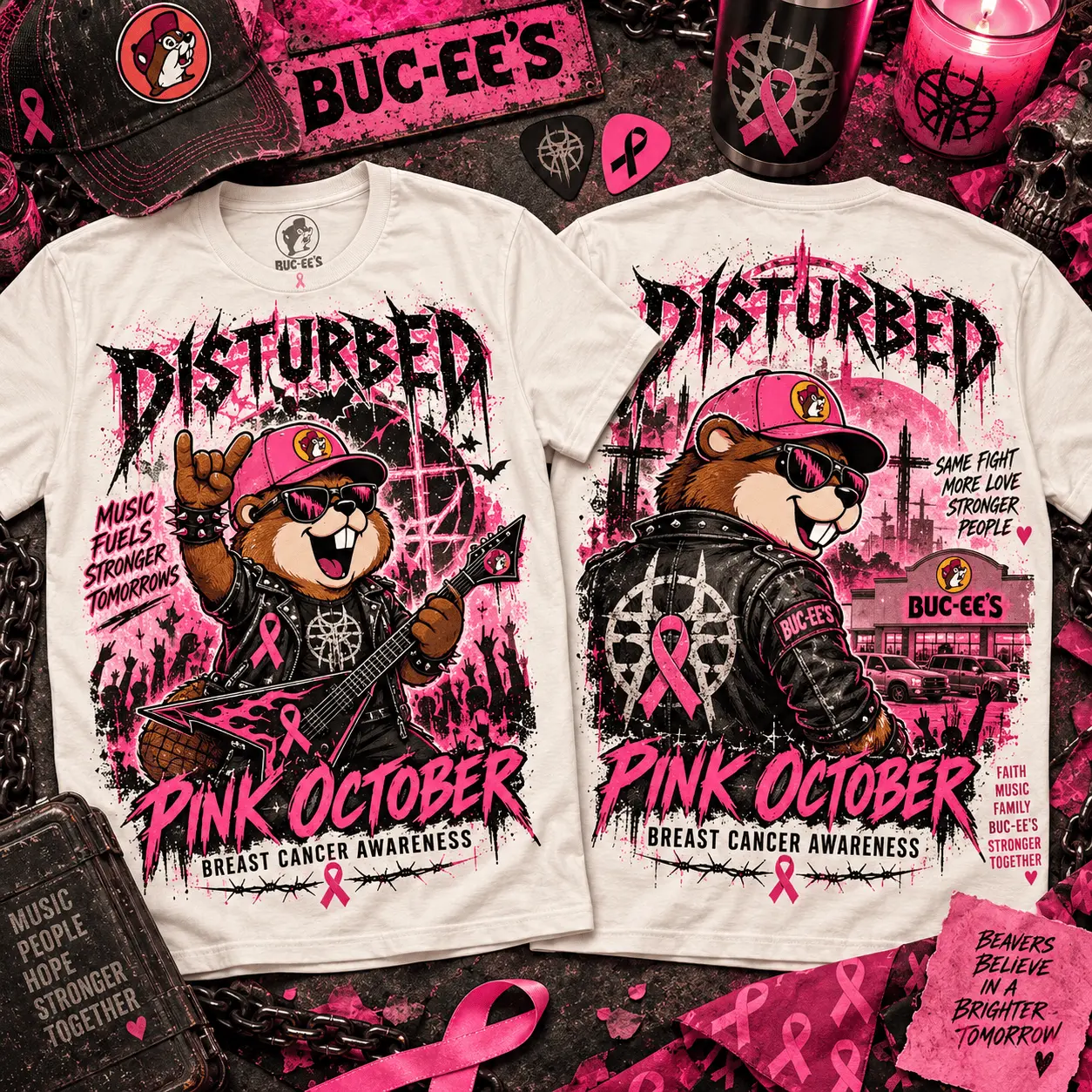 Buc-ee's Disturbed Pink October Breast Cancer Awareness 3D Shirt NTH1