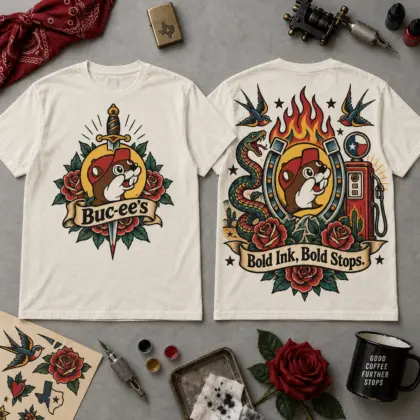 Buc-ee's Traditional Tattoo Beaver T-Shirt for Fans Who Love Bold Ink and Roadside Stops NDN flat front and back