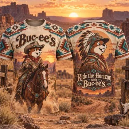 Buc-ee's Desert Rider Sunset 3D Shirt for Travelers Chasing Horizons Beyond the Highway NDN flat front and back