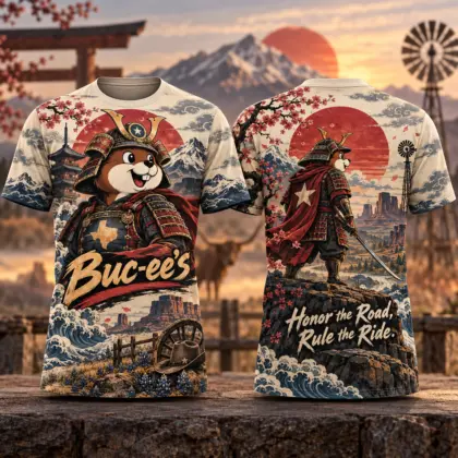 Buc-ee's Samurai Red Sun 3D Shirt for Adventurous Travelers Who Honor the Road Ahead NDN flat front and back