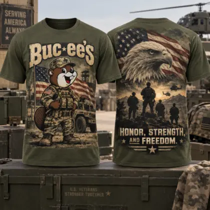Buc-ee's Military Eagle Olive T-Shirt For Patriots Who Carry Honor On Every Journey NDN flat front and back