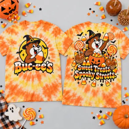 Buc-ee's Halloween Candy Beaver T-Shirt for Trick or Treat Sweet Tooth Travelers NDN flat front and back
