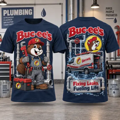 Buc-ee's Plumber Navy Pipework T-Shirt For Tradespeople Who Keep Everyday Life Flowing NDN flat front and back