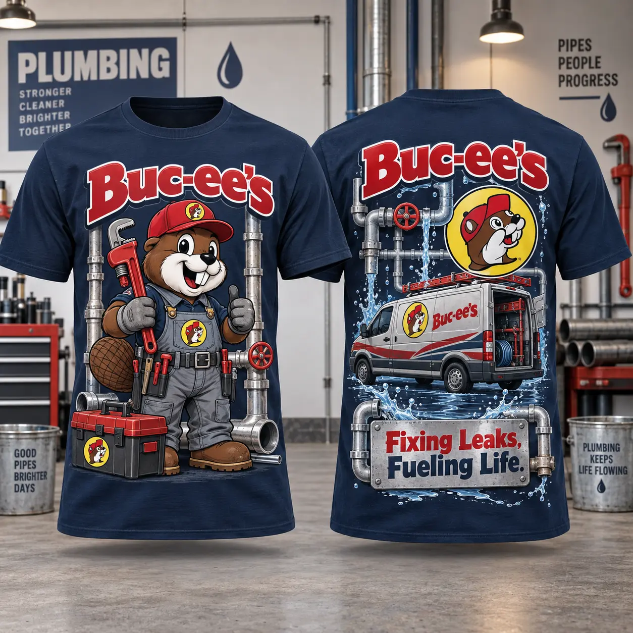 Buc-ee's Plumber Navy Pipework T-Shirt For Tradespeople Who Keep Everyday Life Flowing NDN flat front and back