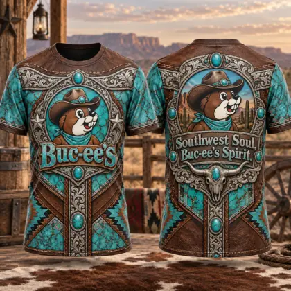 Buc-ee's Turquoise Cowboy Medallion 3D Shirt Bringing Southwest Soul to Your Next Desert Adventure NDN flat front and back