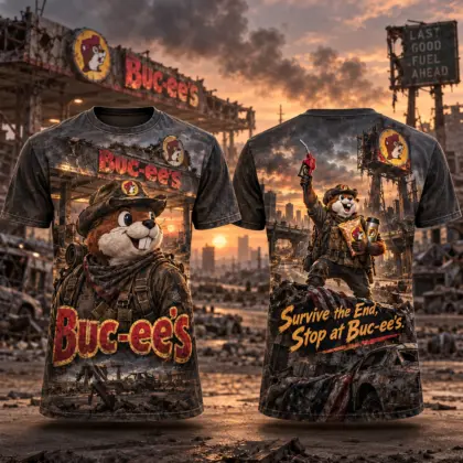 Buc-ee's Wasteland Survivor 3D Shirt for Road Warriors Making One More Essential Pit Stop NDN flat front and back