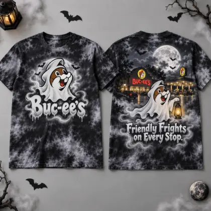 Buc-ee's Ghost Beaver Halloween T-Shirt for Spooky Stops and Sweet Autumn Treats NDN flat front and back