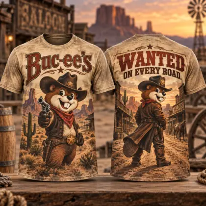 Buc-ee's Wanted Cowboy Western Town 3D Shirt for Adventurers Welcome on Every Road NDN flat front and back