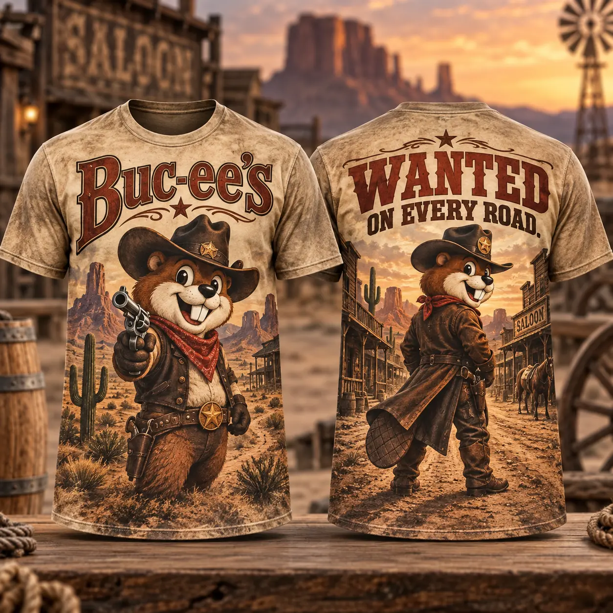 Buc-ee's Wanted Cowboy Western Town 3D Shirt for Adventurers Welcome on Every Road NDN flat front and back