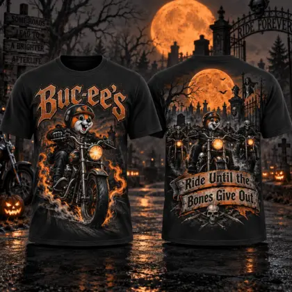 Buc-ee's Halloween Motorcycle Pumpkin T-Shirt For Riders Who Take The Haunted Highway Home NDN flat front and back