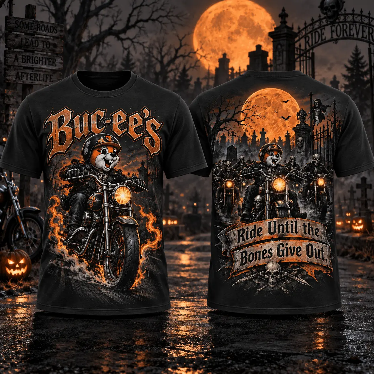 Buc-ee's Halloween Motorcycle Pumpkin T-Shirt For Riders Who Take The Haunted Highway Home NDN flat front and back