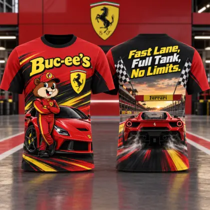 Buc-ee's Ferrari Red Racing T-Shirt For Car Enthusiasts Chasing Their Next Weekend Drive NDN flat front and back