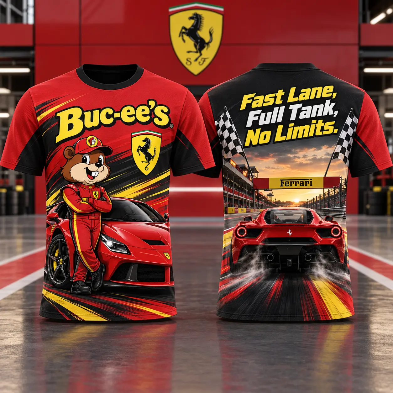 Buc-ee's Ferrari Red Racing T-Shirt For Car Enthusiasts Chasing Their Next Weekend Drive NDN flat front and back