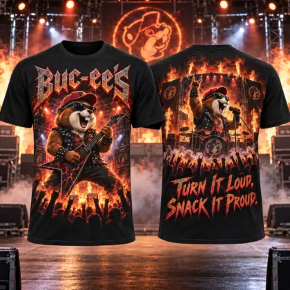 Buc-ee's Fiery Rock Concert 3D Shirt for Music Fans Who Turn It Loud All Night NDN flat front and back
