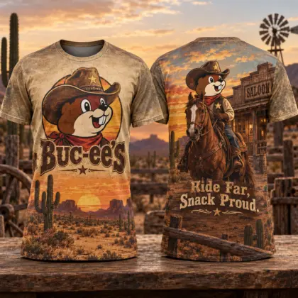 Buc-ee's Cowboy Horseback Sunset 3D Shirt for Western Travelers Who Ride and Snack Proud NDN flat front and back