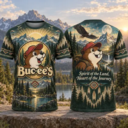 Buc-ee's Mountain Forest Lake 3D Shirt for Nature Lovers Following the Heart of Adventure NDN flat front and back