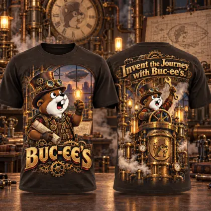 Buc-ee's Steampunk Inventor Brass Gears 3D Shirt for Curious Travelers Inventing Their Next Journey NDN flat front and back