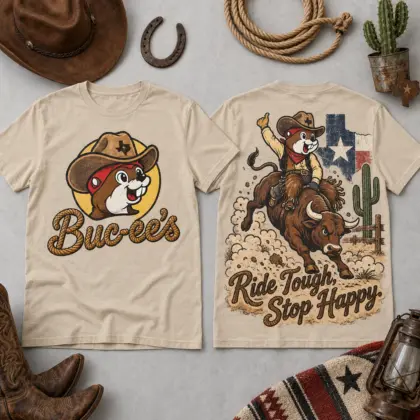 Buc-ee's Cowboy Beaver Rodeo T-Shirt for Western Fans Ready to Ride On Strong NDN flat front and back